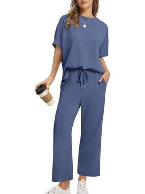 Women's Blue Two Piece Summer Outfits Oversized Wide Leg Crop Pants Lounge Set